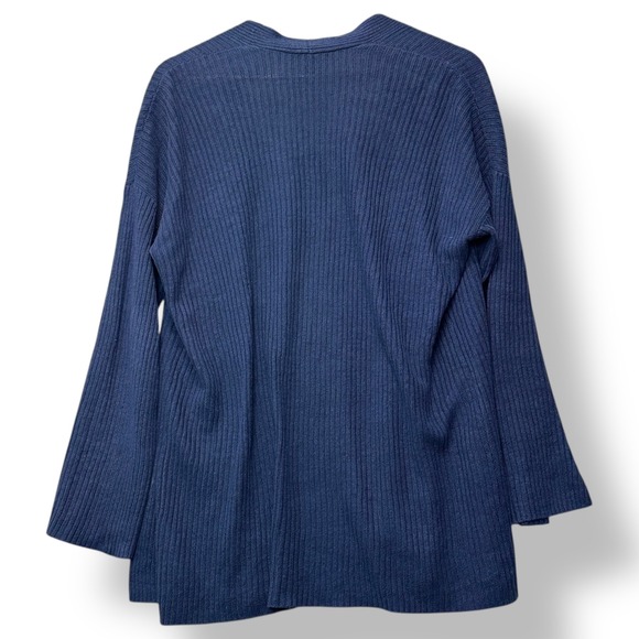 Eileen Fisher Blue Ribbed Organic Linen Long Open Front Cardigan Sweater M/M - Picture 3 of 7